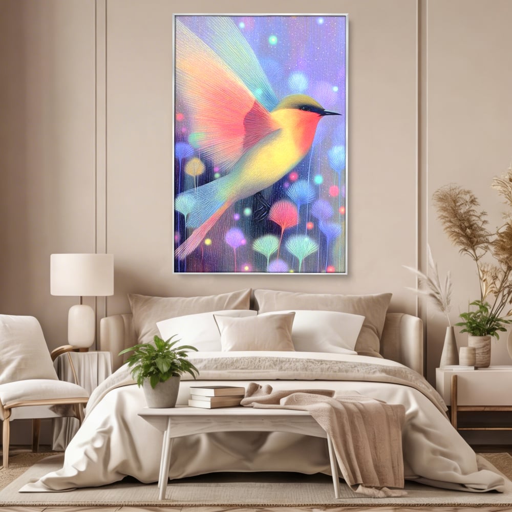 Tablou canvas cu tablou canvas cu pasare fantastica zburand, in rama de aluminiu argintiu, pe perete intr-un dormitor